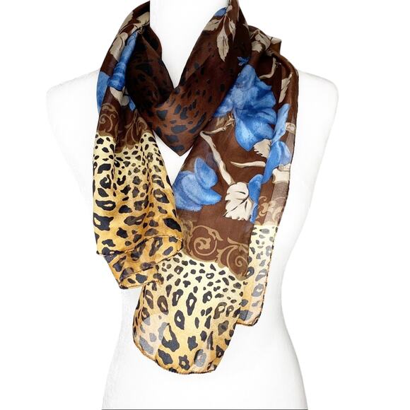 Symphony Scarf Brown and Blue Floral Cheetah Print - Picture 4 of 4